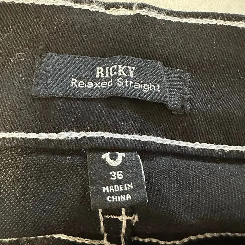 True Religion Ricky Relaxed Straight Jeans Black Denim Contrast Stitch 36x30 NWT